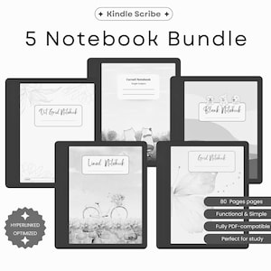 May include: A collection of five Kindle Scribe notebooks. The notebooks include Dot Grid, Cornell, Blank, Lined, and Grid designs. The image displays the text "5 Notebook Bundle" and additional text: "80 Pages pages", "Functional & Simple", "Fully PDF-compatible", and "Perfect for study".