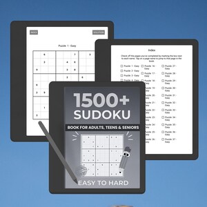 May include: A digital tablet displaying a Sudoku puzzle book cover with the title "1500+ SUDOKU" and the text "BOOK FOR ADULTS, TEENS & SENIORS". The cover also includes the text "EASY TO HARD". Two other tablets show puzzle pages.