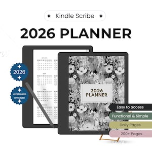 Könnte beinhalten: Ein Kindle Scribe 2026-Planer mit floralem Cover-Design. Der Planer verfügt über eine Kalenderansicht und einen Stift. Zusätzlicher Text lautet "Easy to access", "Functional & Simple", "Daily Pages" und "200+ Pages".