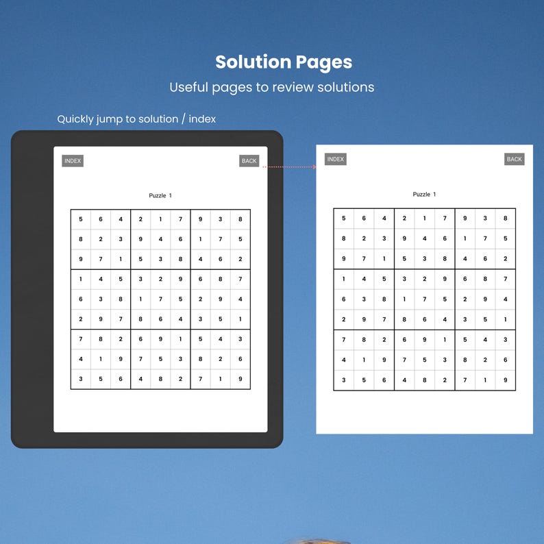 May include: An image showing a digital tablet and a printed page, both displaying a Sudoku puzzle. The text "Solution Pages" and "Puzzle 1" are visible. The tablet screen shows the puzzle with "Index" and "Back" buttons.
