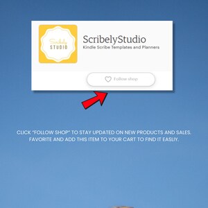 May include: A white rectangle on a blue background features the "ScribelyStudio" logo and text. The logo is a yellow badge with the words "Scribely STUDIO". Below the logo is the text "ScribelyStudio Kindle Scribe Templates and Planners". A red arrow points to a "Follow shop" button.