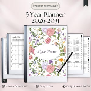 May include: A digital 5-year planner for 2026-2031, designed for Remarkable 2. The planner features a floral cover with pink and purple flowers. Includes calendar pages, daily notes, and to-do lists. The text reads "5 Year Planner".
