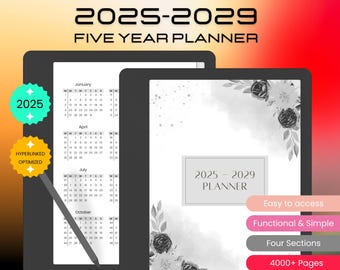 2025-2029 Five Year Kindle Scribe Planner, Monthly Planner, Weekly Planner, Daily Planner, Clickable Template, Digital Download