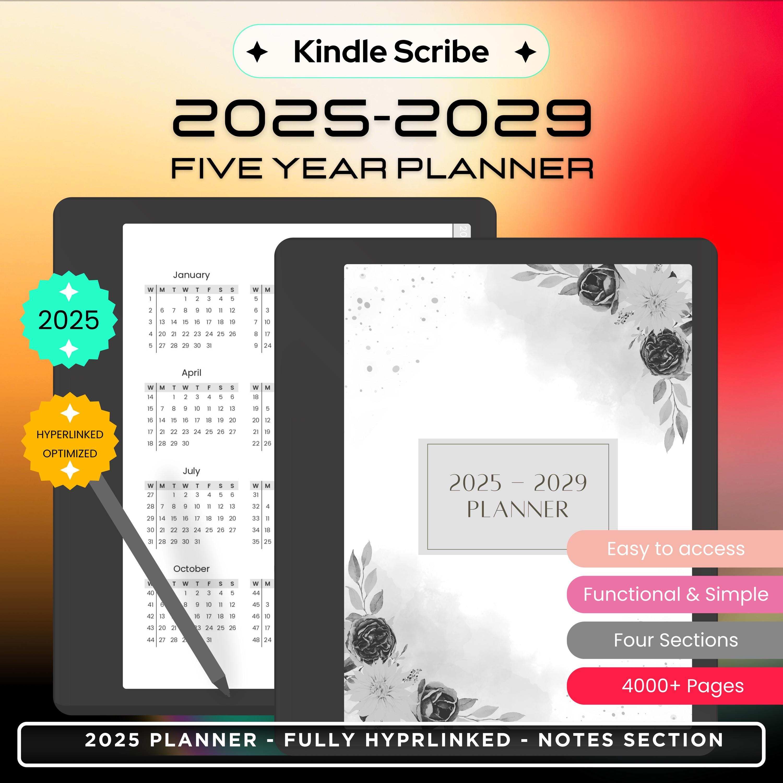 2025-2029 Five Year Kindle Scribe Planner, Monthly Planner, Weekly Planner, Daily Planner, Clickable Template, Digital Download