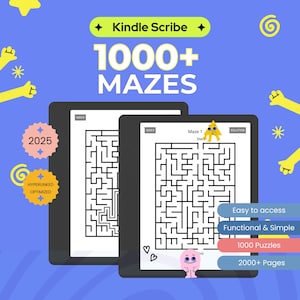 May include: Two Kindle Scribe tablets displaying mazes, with the text "1000+ MAZES". Additional text includes "Easy to access", "Functional & Simple", "1000 Puzzles", and "2000+ Pages". The background is blue with yellow accents.