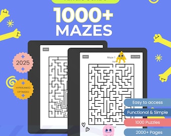 Può includere: Due tablet Kindle Scribe che mostrano labirinti, con il testo "1000+ MAZES". Il testo aggiuntivo include "Easy to access", "Functional & Simple", "1000 Puzzles" e "2000+ Pages". Lo sfondo è blu con accenti gialli.