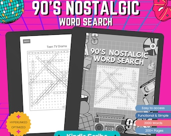 Nostalgisch puzzelboek voor woorden zoeken uit de jaren 90 voor Kindle Scribe (digitale download)