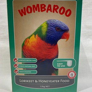 May include: A green box with a colorful lorikeet on the front. The box is labeled "WOMBAROO LORIKEET & HONEYEATER FOOD 1.5kg NET". The box also has a checklist with the following items: "Complete Nectar Food", "Mimics Natural Diet", and "Easily Digested".