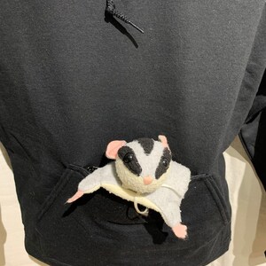 Op de afbeelding: Een zwarte hoodie met een grote zak aan de voorkant. Een klein wit en zwart knuffeldier zit in de zak.