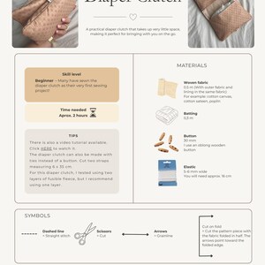 May include: A sewing pattern document titled Studio Viken Diaper Clutch. It includes photos of a tan patterned clutch, a list of materials like 0.5m of woven fabric, 0.3m of batting, 30mm buttons, and 16cm of elastic, plus sewing symbols and tips.
