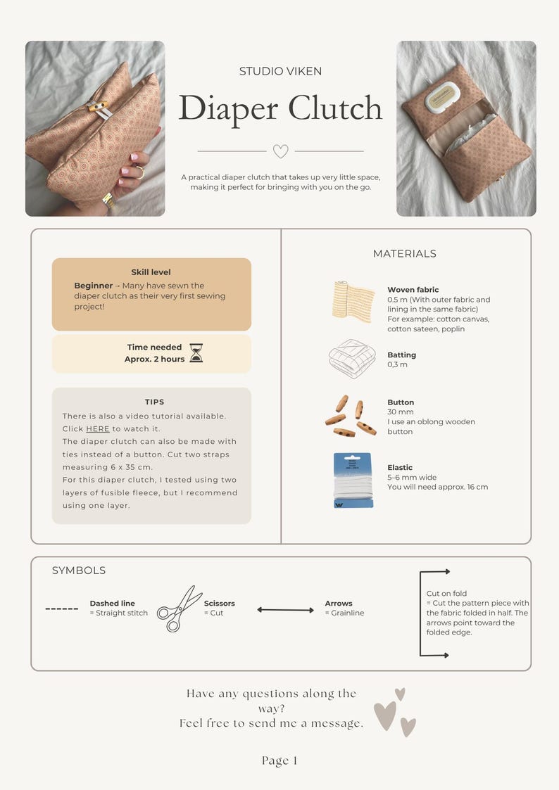May include: A sewing pattern document titled Studio Viken Diaper Clutch. It includes photos of a tan patterned clutch, a list of materials like 0.5m of woven fabric, 0.3m of batting, 30mm buttons, and 16cm of elastic, plus sewing symbols and tips.