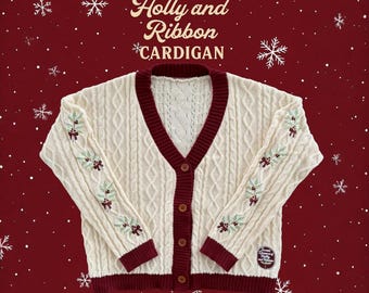Sweet Dreams of Holly & Ribbon Cardigan Embroidered, Folklore Cardigan Eras, Christmas Tree Farm