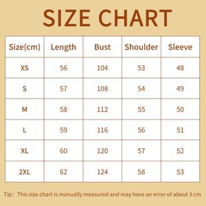 Puede incluir: Tabla de tallas para ropa en cent&iacute;metros. La tabla muestra las medidas de longitud, busto, hombro y manga para las tallas XS, S, M, L, XL y 2XL.