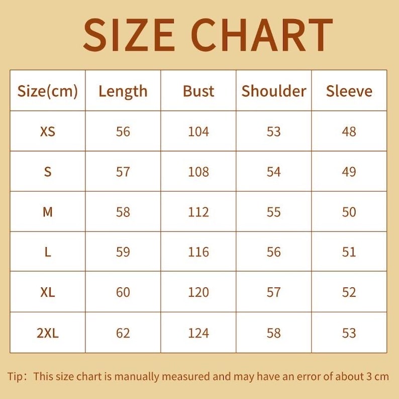 Puede incluir: Tabla de tallas para ropa en cent&iacute;metros. La tabla muestra las medidas de longitud, busto, hombro y manga para las tallas XS, S, M, L, XL y 2XL.