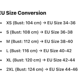Puede incluir: Tabla de conversi&oacute;n de tallas de la UE para ropa. Las medidas de busto en cent&iacute;metros se enumeran con las tallas de la UE correspondientes. Por ejemplo, un busto de 104 cm corresponde a las tallas de la UE 34-36.