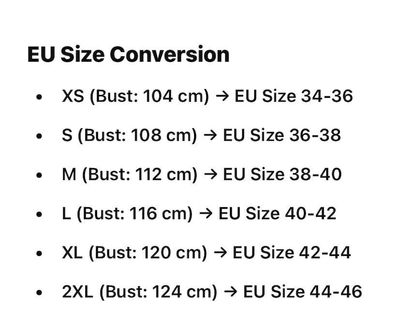 Puede incluir: Tabla de conversi&oacute;n de tallas de la UE para ropa. Las medidas de busto en cent&iacute;metros se enumeran con las tallas de la UE correspondientes. Por ejemplo, un busto de 104 cm corresponde a las tallas de la UE 34-36.