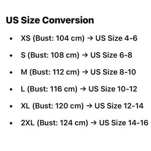 Puede incluir: Un gr&aacute;fico que muestra las tallas de ropa de EE. UU. convertidas a medidas de busto en cent&iacute;metros. El gr&aacute;fico muestra las tallas XS a 2XL con las medidas de busto correspondientes y las tallas de EE. UU.