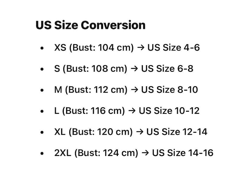 Puede incluir: Un gr&aacute;fico que muestra las tallas de ropa de EE. UU. convertidas a medidas de busto en cent&iacute;metros. El gr&aacute;fico muestra las tallas XS a 2XL con las medidas de busto correspondientes y las tallas de EE. UU.