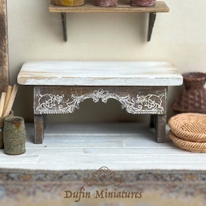 1:12 Dollhouse French Style Country Bench, Brown Miniature Handmade Farmhouse Wooden Antique, Country Cottage Style Rustic Floral Furniture