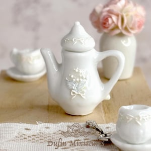 1:12 Dollhouse Porcelain Teapot & Lid, White Miniature French Style Tableware, Victorian Floral Tableware with Bow, Baroque Kitchen Antique