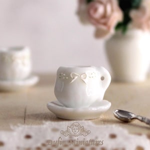 1:12 Dollhouse Porcelain Set Tea Cup & Saucer, White Miniature French Style Coffee Cup, Victorian Floral Tableware, Baroque Kitchen Antique