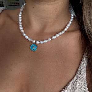 Colar de Pérolas de Água Doce: Colar de Contas Feito à Mão com Estrela do Mar Azul