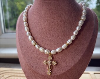 Freshwater Pearl Necklace: Handmade Gold Cross Pendant, Beaded Necklace