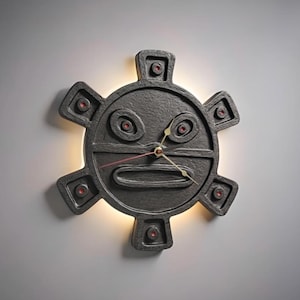 Taíno sun symbol wall clock: rustic stone-look decor, silent seiko movement