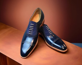 Custom Handmade leather oxford lace up cap toe shoes men leather sole shoes formal office wedding party dress leather designer shoes men