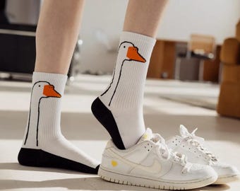 Funny Goose Neck Crew Socks, Optical Illusion Socks, Goose Socks, Animal Socks, Cotton Crew Socks