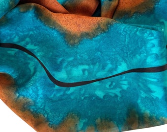 Hand Painted Teal Silk Scarf: Brown Sienna, Black Line Design