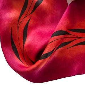 Hand Painted Red Silk Scarf: Skinny Sash Orange with Black Leaf Design