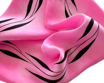 Hand Painted Pink Silk Skinny Scarf: Black Leaf Design