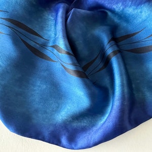 Hand Painted Blue Silk Scarf: Sapphire Royal Blue Leaf Design