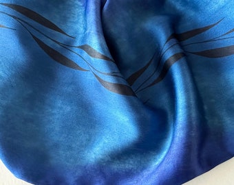 Hand Painted Blue Silk Scarf: Sapphire Royal Blue Leaf Design
