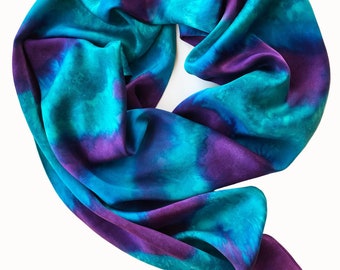 Hand Painted Silk Scarf: Blue, Teal & Purple Charmeuse