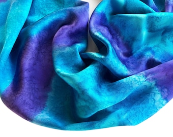 Blue Silk Scarf, Hand Painted Blue Silk Scarf, Blue Scarf, Purple Silk Scarf, Purple Scarf, Hand Painted Silk Scarf, Large Silk Scarf