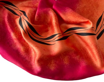 Hand Painted Silk Scarf: Orange Magenta Black Leaf Design