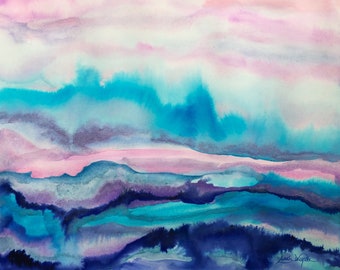 Original Abstract Seascape Watercolor Painting: Blue Pink Purple Art
