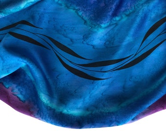 Hand Painted Blue Silk Scarf: Large, Black Leaf Design, Elegant Charmeuse