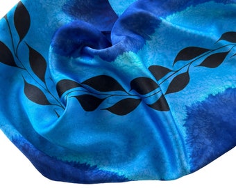 Hand Painted Blue Silk Scarf: Azure Royal Black Leaf Design