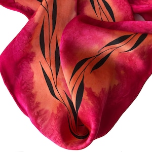 Hand Painted Red Silk Scarf: Skinny Sash with Leaf Design