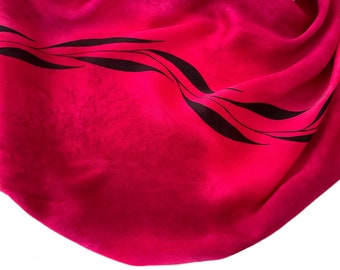 Hand Painted Red Silk Scarf: Large, Magenta, Black Leaf Design