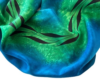 Hand Painted Silk Green Scarf: Blue, Black Leaf Design, Large