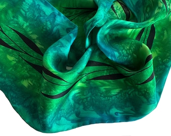 Hand Painted Green Silk Skinny Scarf: Teal, Black Leaf Design