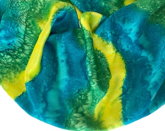 Hand Painted Teal Silk Scarf: Green, Blue, Yellow, Charmeuse