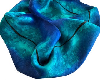 Hand Painted Teal Silk Skinny Scarf: Purple, Black Line Design
