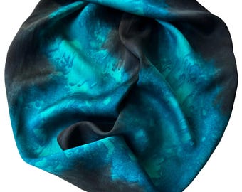 Hand Painted Teal Silk Scarf: Black, Small, Charmeuse