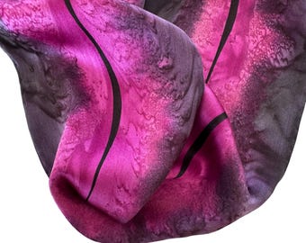 Hand Painted Purple Silk Skinny Scarf: Brown, Black Line
