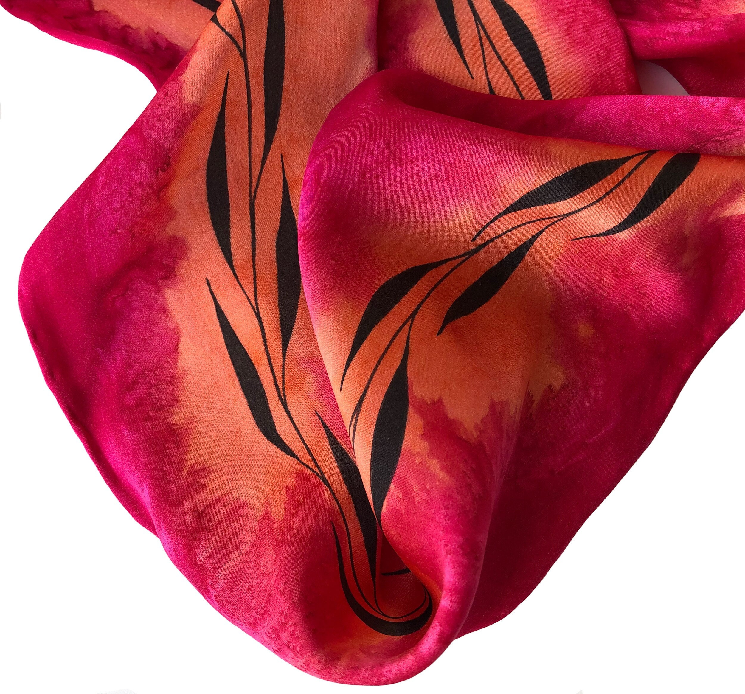 Hand Painted Red Silk Scarf: Skinny Sash with Leaf Design